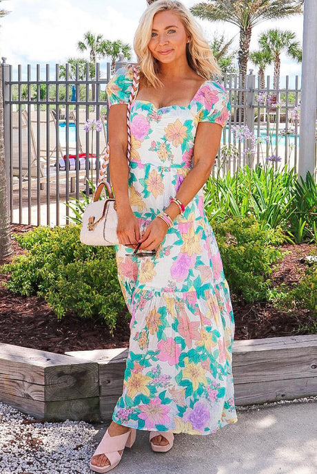 Square Neck Puff Sleeve Tiered Floral Maxi Dress