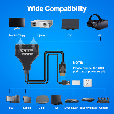 One TO Two HDMI Distributor With USB Power Supply