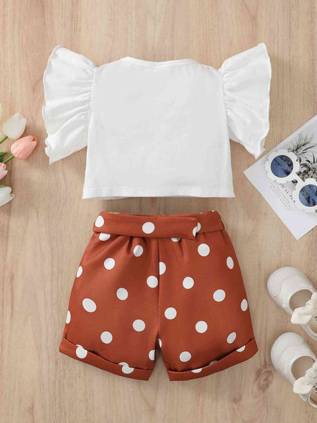 Graphic Butterfly Sleeve Top and Polka Dot Shorts Set