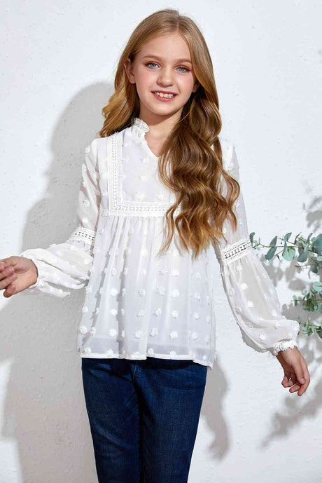 Swiss Dot Spliced Lace Notched Blouse